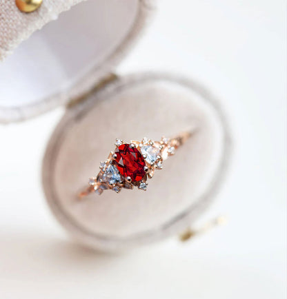 Unique Celeste Rose Oval Garnet and Moissanite Ring