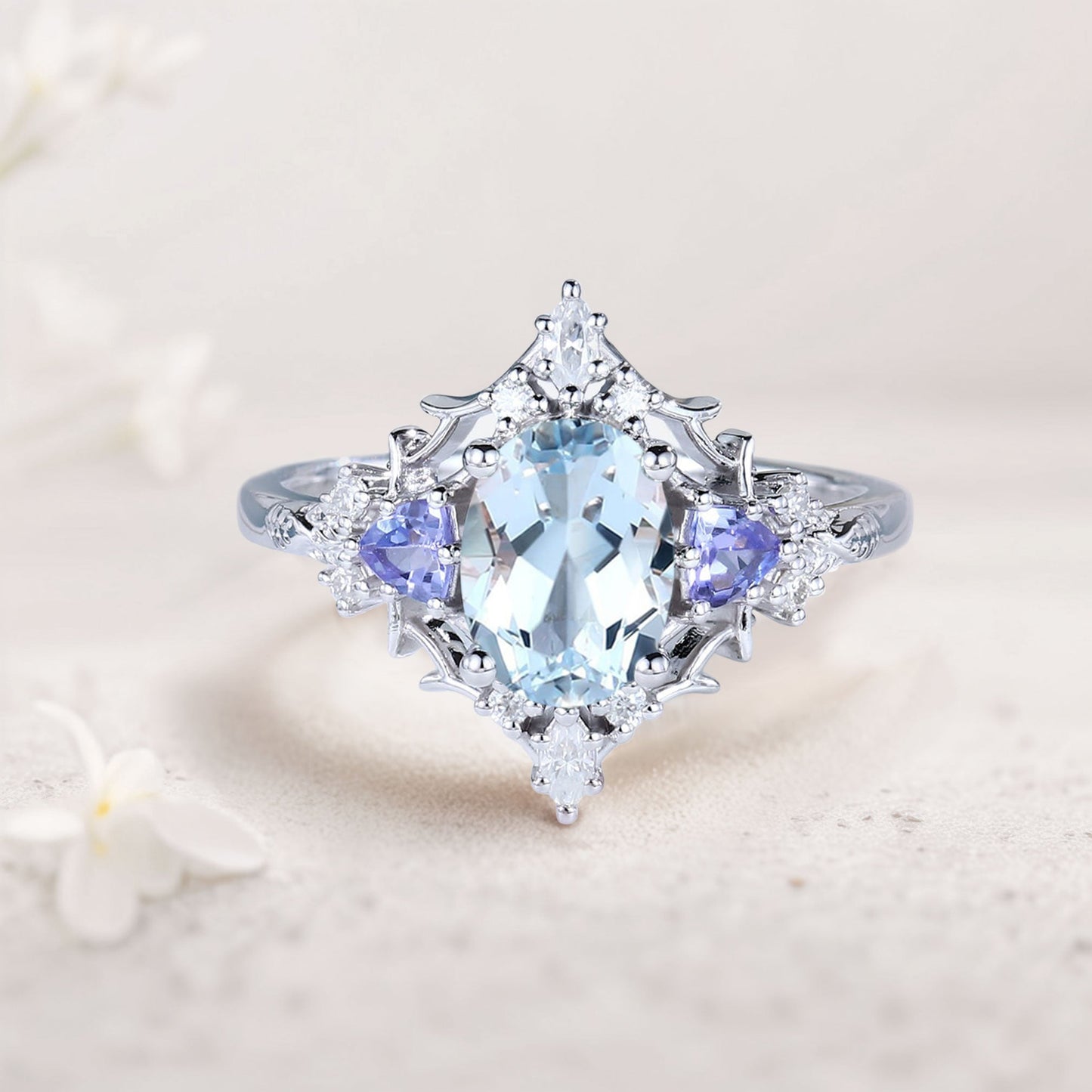 Vintage Briar Rose Oval Lab Aquamarine Engagement Ring Filigree Ring