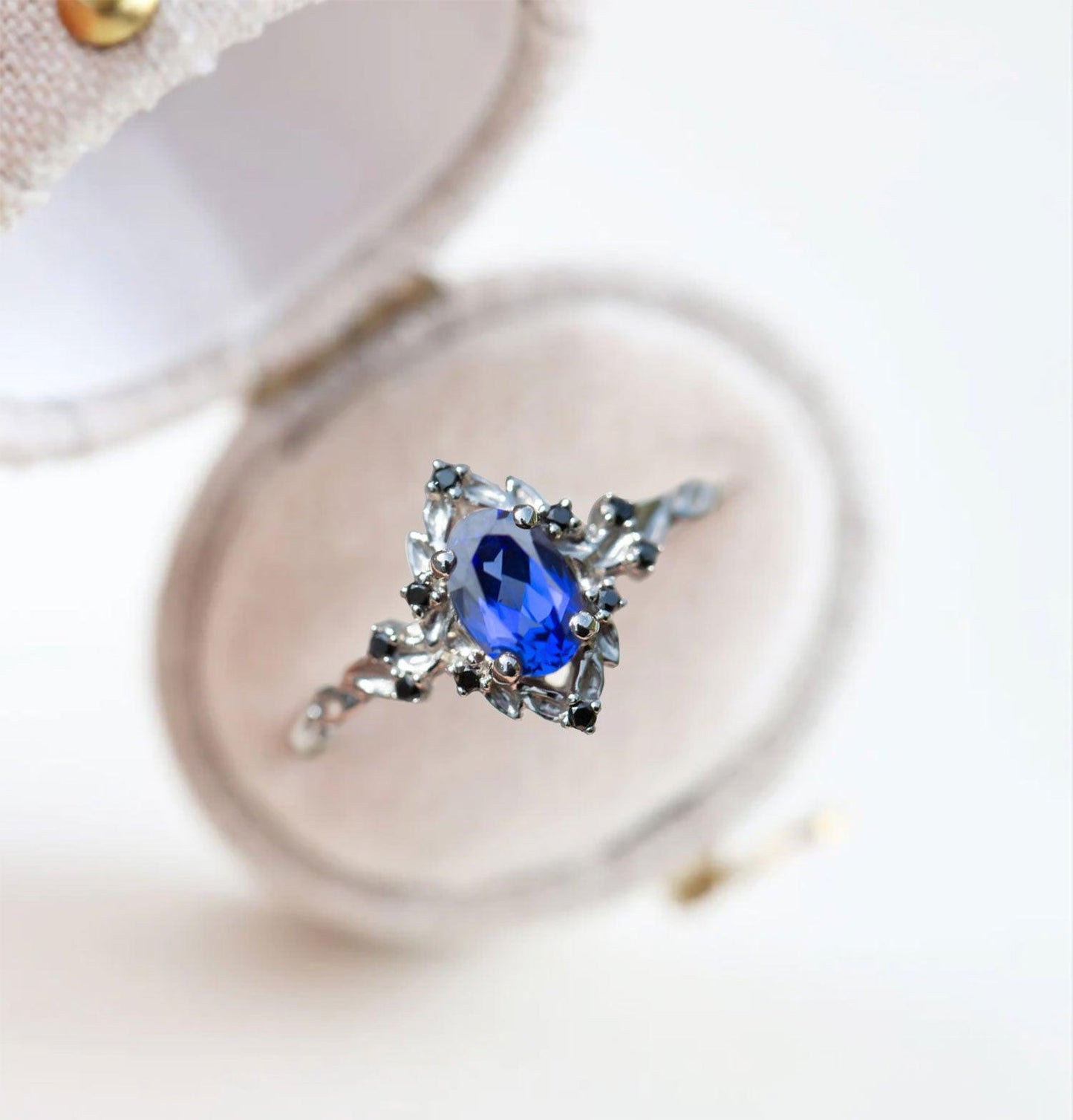 Unique Briar Rose Oval Lab Sapphire and Black Moissanite Ring
