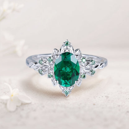 Vintage Briar Rose Halo Oval Lab Emerald Engagement Ring Olive Leaves Ring