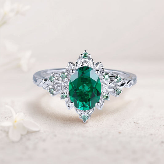 Vintage Briar Rose Halo Oval Lab Emerald Engagement Ring Olive Leaves Ring