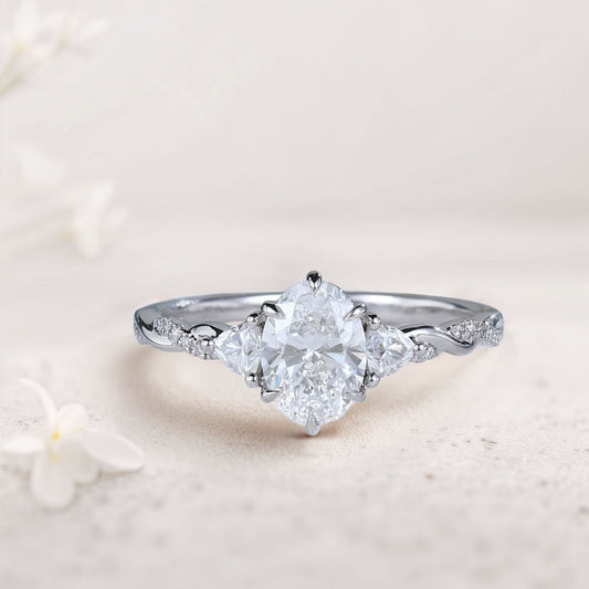 Unique Three Stone Oval Moissanite Ring  Engagement Ring