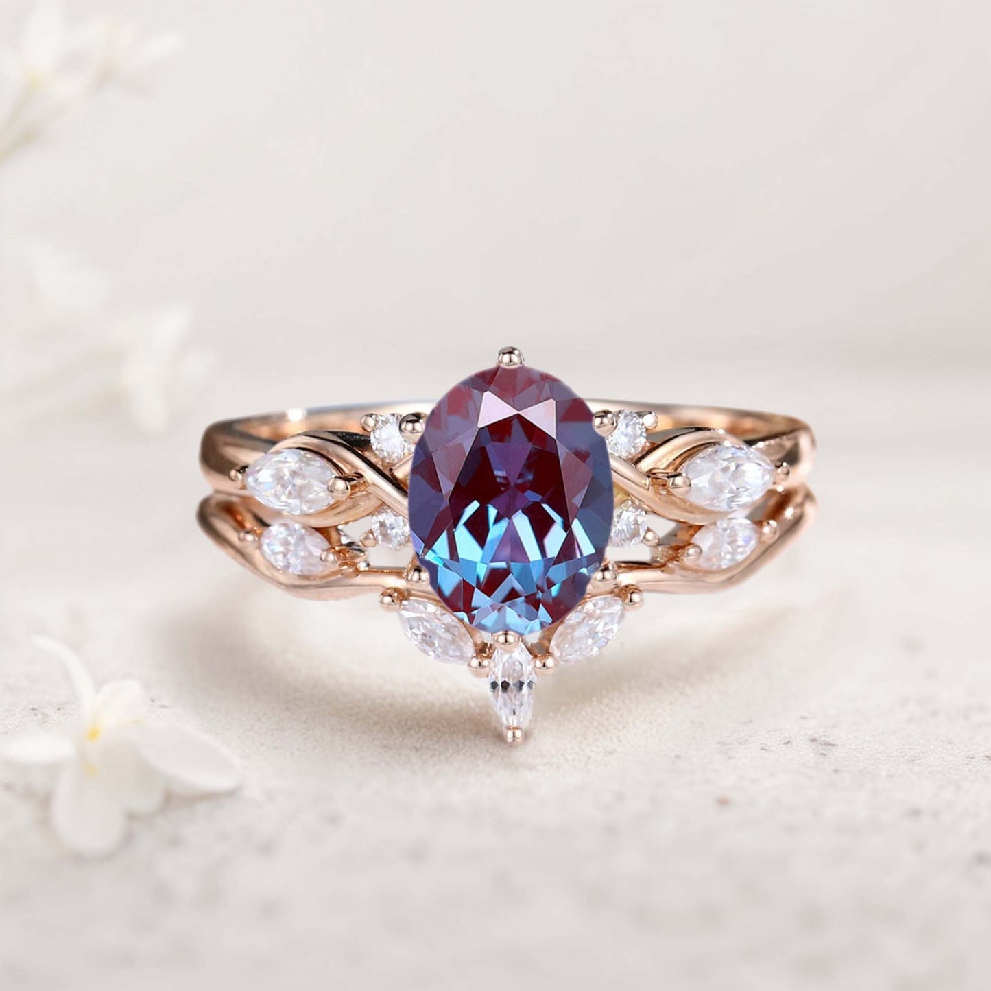 Vintage Oval Lab Alexandrite and Moissanite Curved Wedding Ring Set Bridal Ring Set