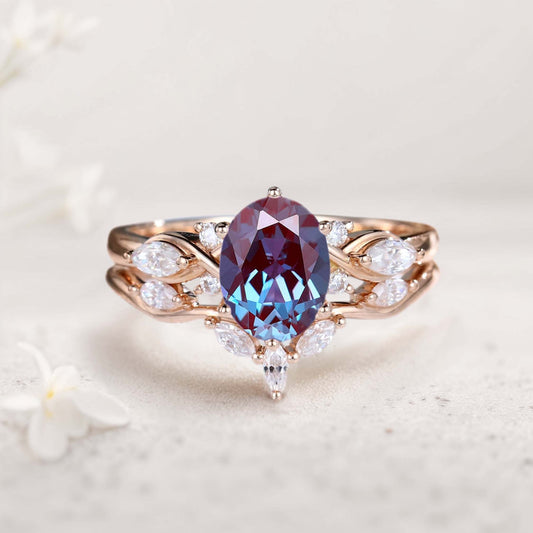 Vintage Oval Lab Alexandrite and Moissanite Curved Wedding Ring Set Bridal Ring Set