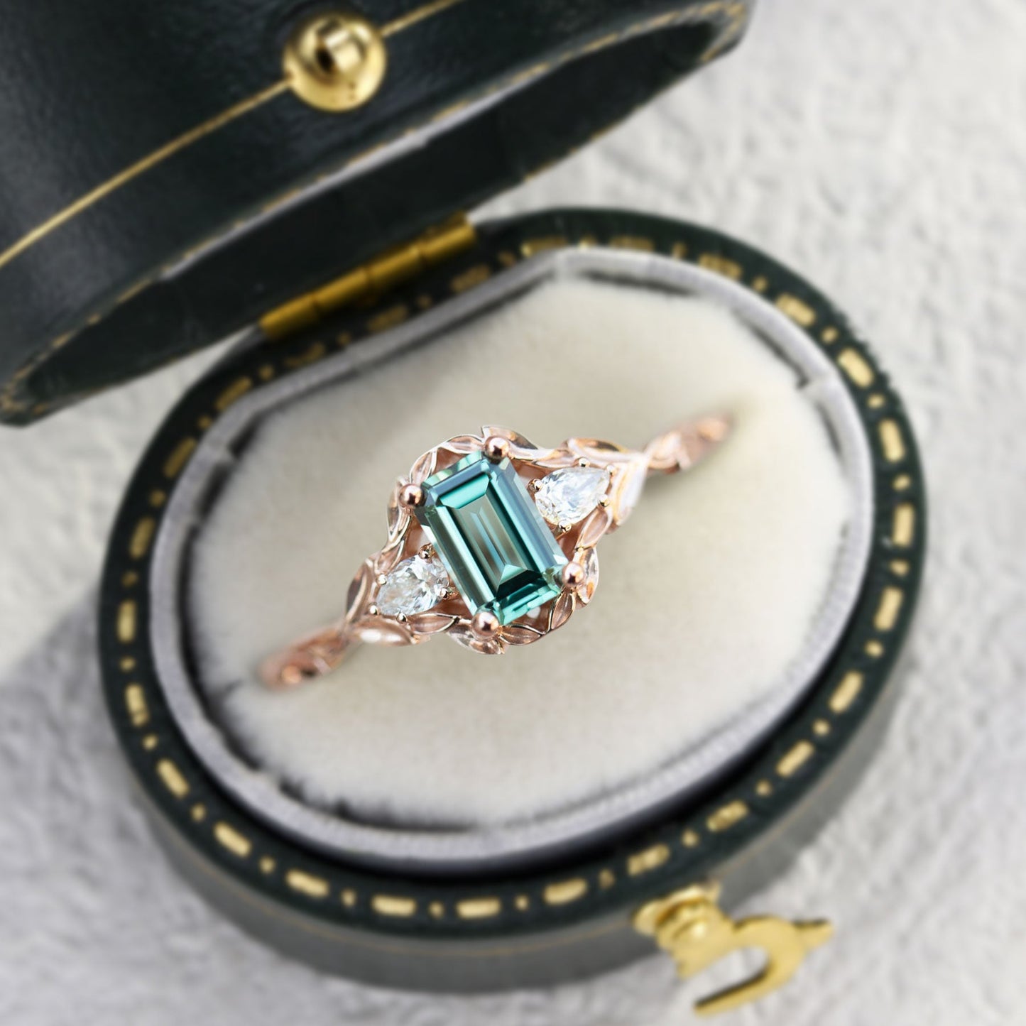 Unique Briar Rose Three Stone Emerald cut Green Lab Sapphire Ring