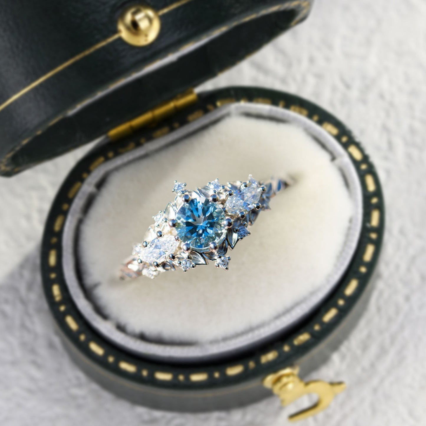 Unique Briar Rose Round Lab Aquamarine and Moissanite Ring