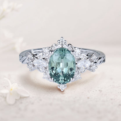 Vintage Briar Rose Oval Green Lab Sapphire Engagement Ring  Vine Ring