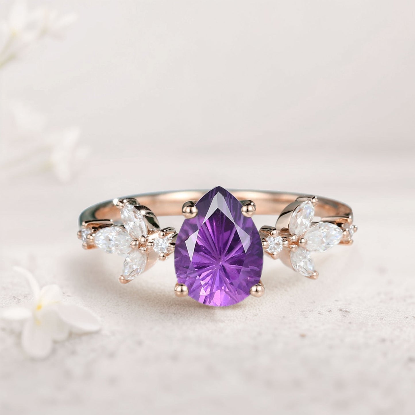 Unique Pear Amethyst Engagement Ring Moissanite Side Stone Ring