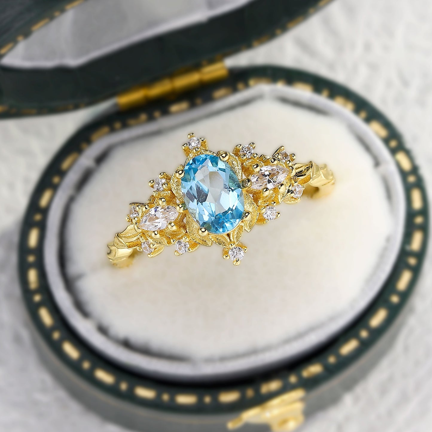 Unique Briar Rose Three Stone Oval Lab Topaz Ring