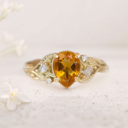 Unique floral engagement rings Pear Citrine Engagement Ring flower Ring