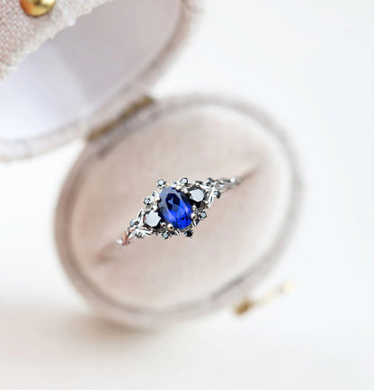 Unique Floral Rose Three Stone Oval Lab Blue Sapphire and Black Moissanite Ring