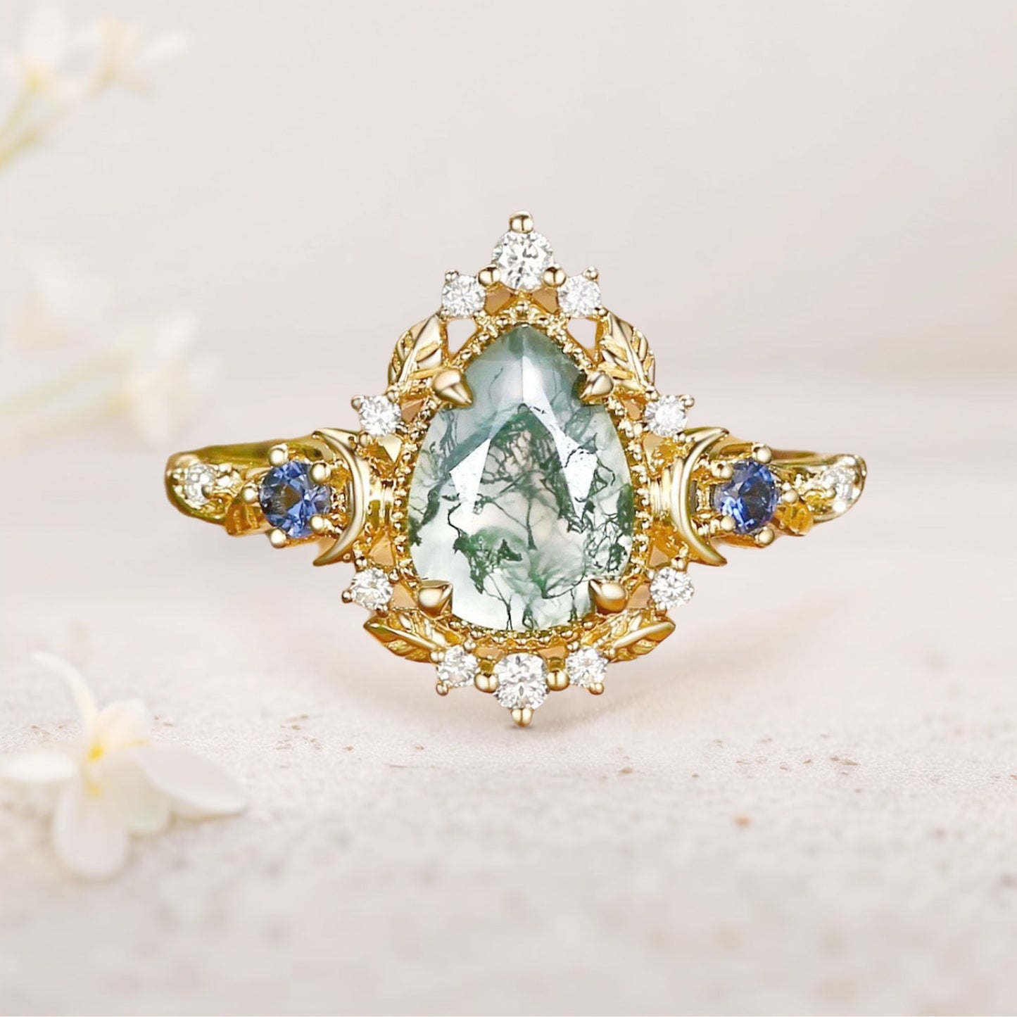 Unique floral engagement rings Moonlight Pear Moss Agate Engagement Ring