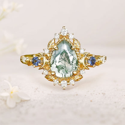Unique floral engagement rings Moonlight Pear Moss Agate Engagement Ring