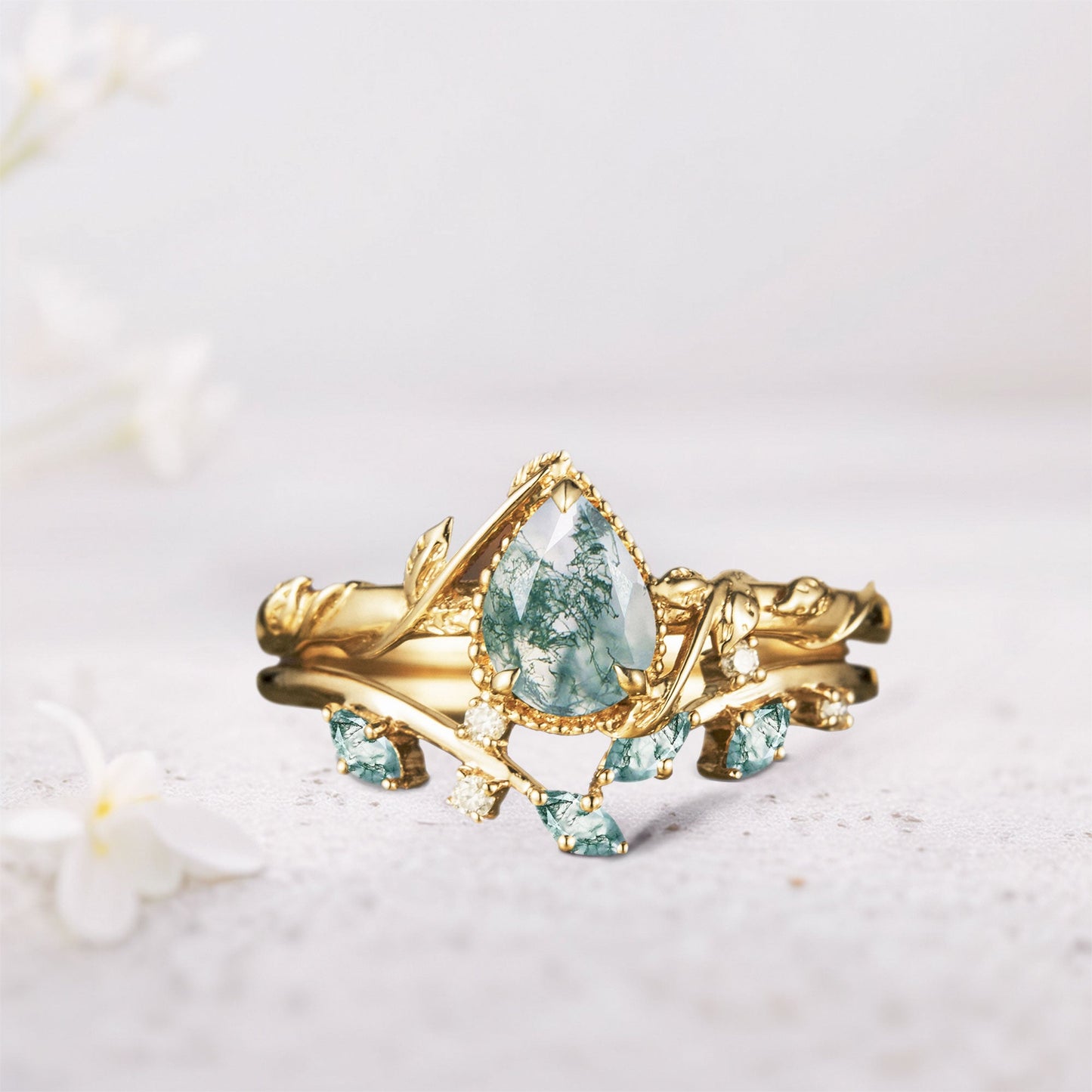 Unique Pear Moss Agate Bridal Ring Set Leaf Ring Set