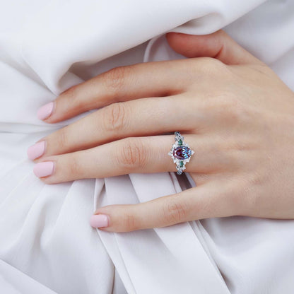 Vintage Briar Rose Oval Lab Alexandrite and Tear Moissanite Engagement Ring Vine Ring