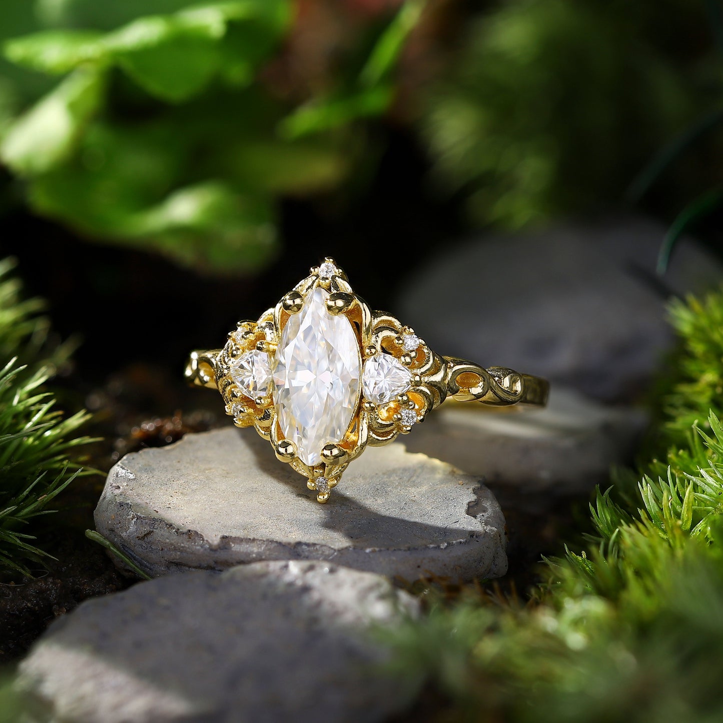 Unique Aurora Three Stone Marquise Moissanite Ring