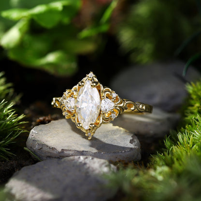 Unique Aurora Three Stone Marquise Moissanite Ring