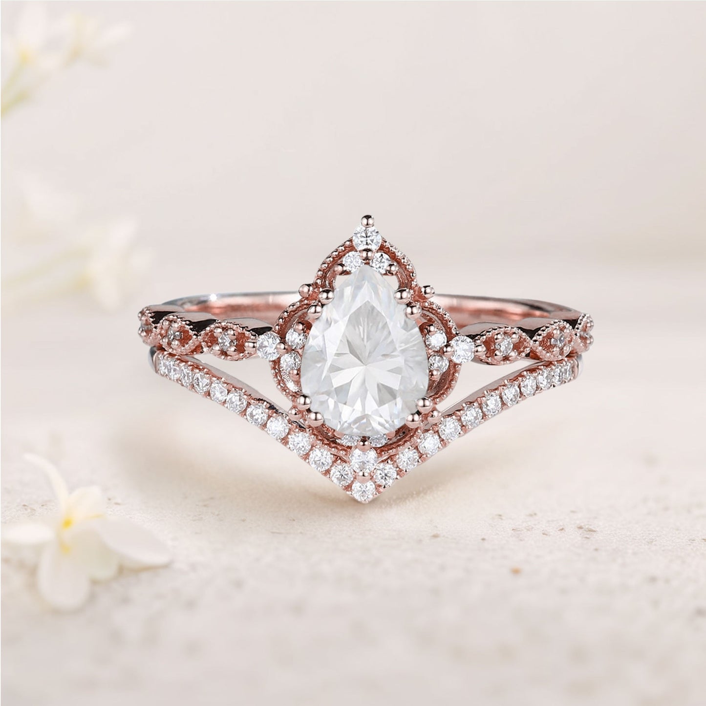 Vintage Pear Forever One Moissanite Engagement Ring Bridal Ring Set