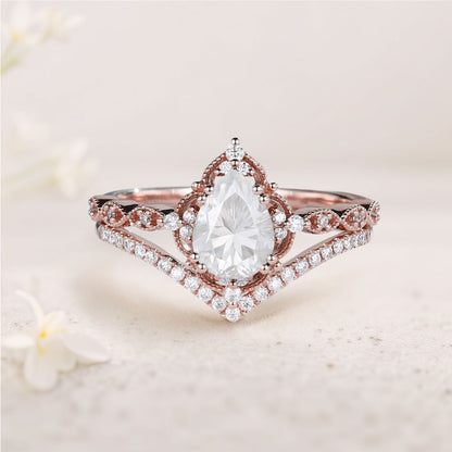 Vintage Pear Forever One Moissanite Engagement Ring Bridal Ring Set