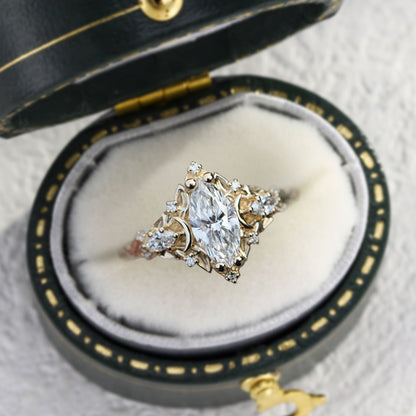 Unique floral engagement rings Moon Marquise Moissanite Engagement Ring