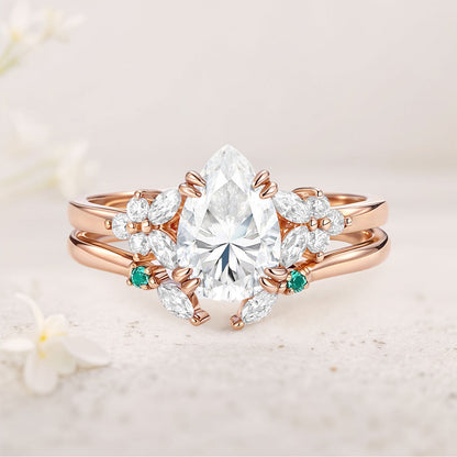 Unique Cluster Pear Moissanite Chevron Ring Set