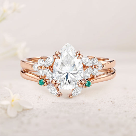 Unique Cluster Pear Moissanite Chevron Ring Set