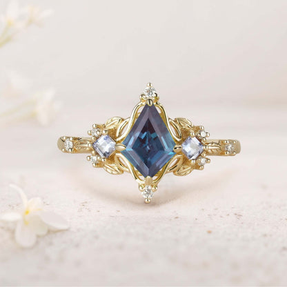 Unique Kite Three Stone Lab Alexandrite Leaf Ring