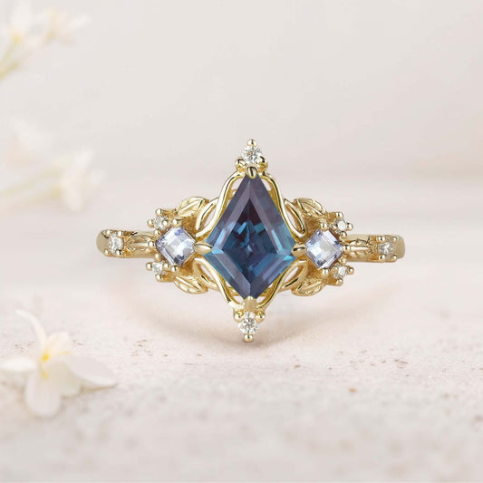 Unique Kite Three Stone Lab Alexandrite Leaf Ring