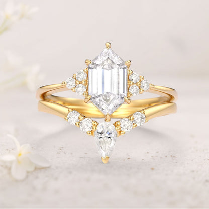 Unique floral engagement rings Long Hexagon Moissanite Wedding Ring Set Bridal Ring Set