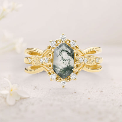Vintage floral engagement rings Long Hexagon Moss Agate Wedding Ring Set