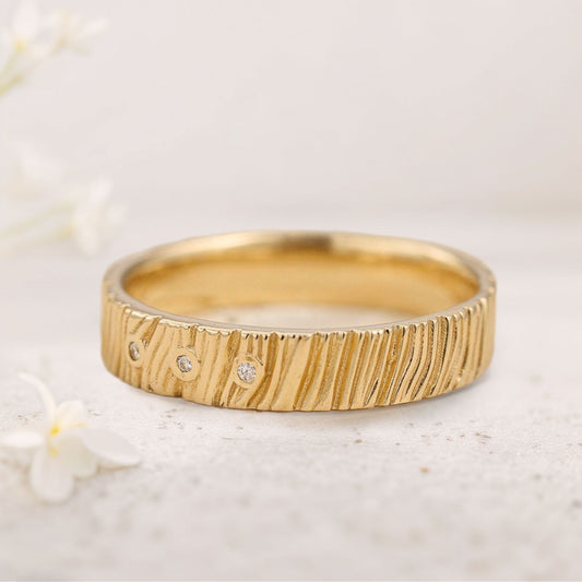 Unique floral engagement rings Wood textured wedding ring with gemstones For Men