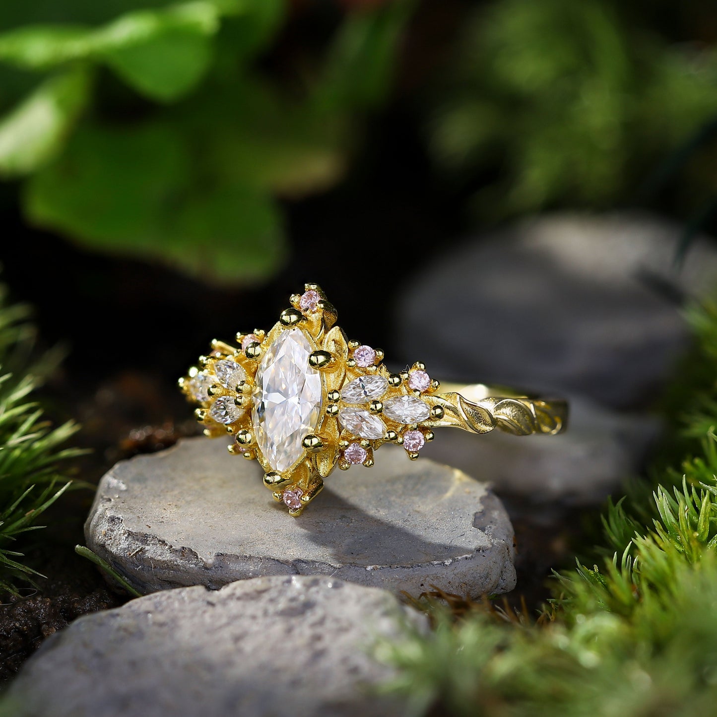 Unique Briar Rose Starlight Marquise Moissanite and Pink Lab Sapphire Ring