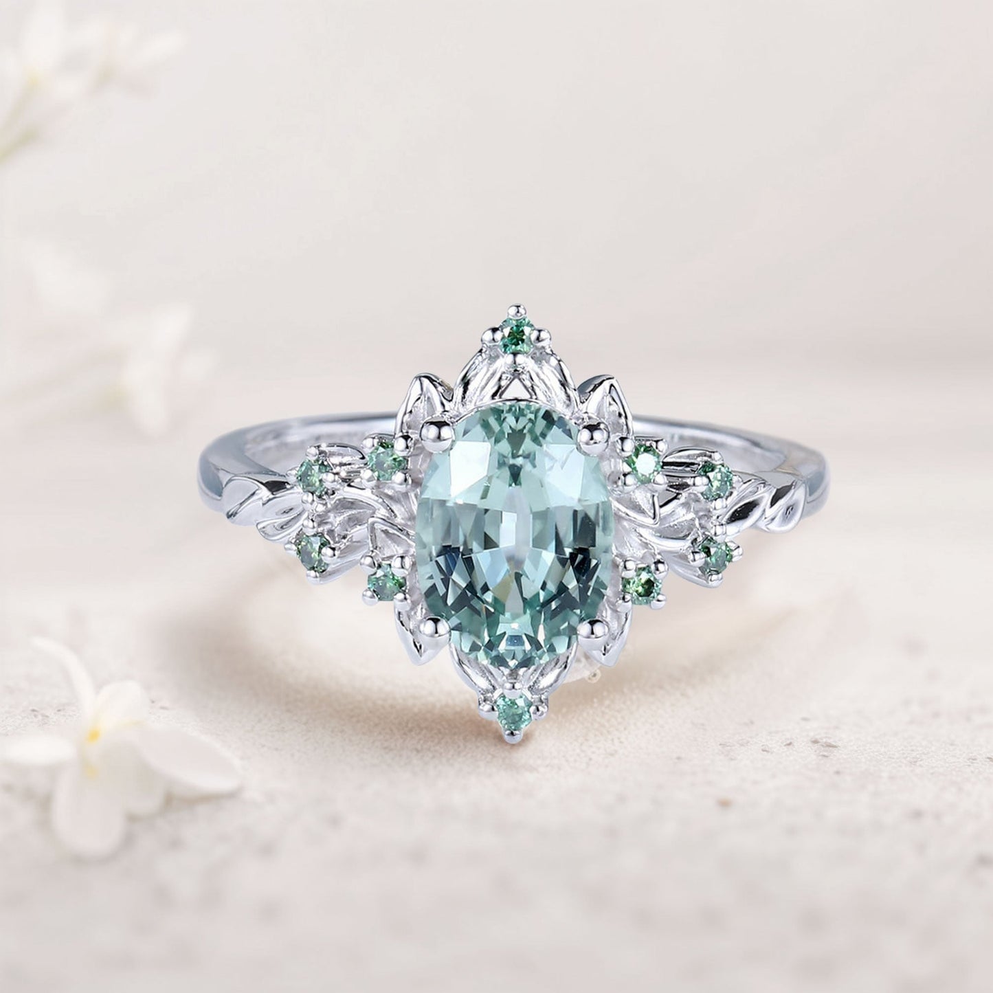 Vintage Briar Rose Oval Green Lab Sapphire Engagement Ring Olive Leaves Ring