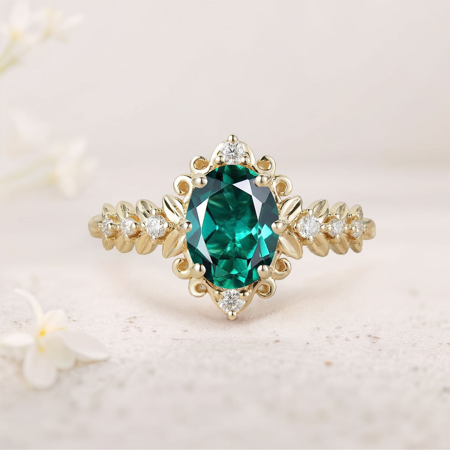 Unique Elegant Royal Oval Lab Emerald Filigree Leaf Engagement Ring