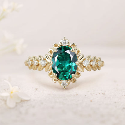 Unique Elegant Royal Oval Lab Emerald Filigree Leaf Engagement Ring