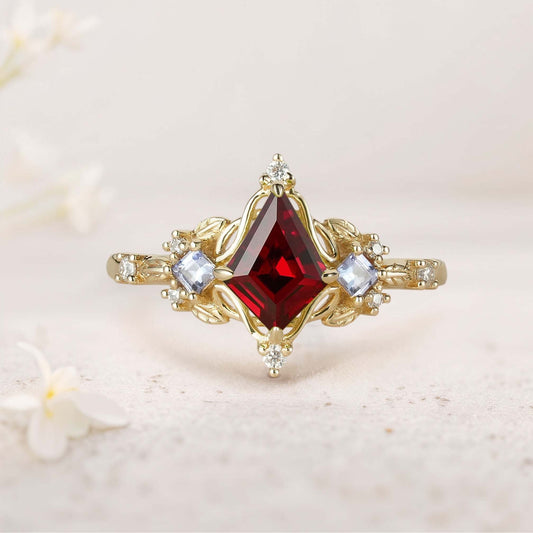 Unique Kite Three Stone Ruby Leaf Ring