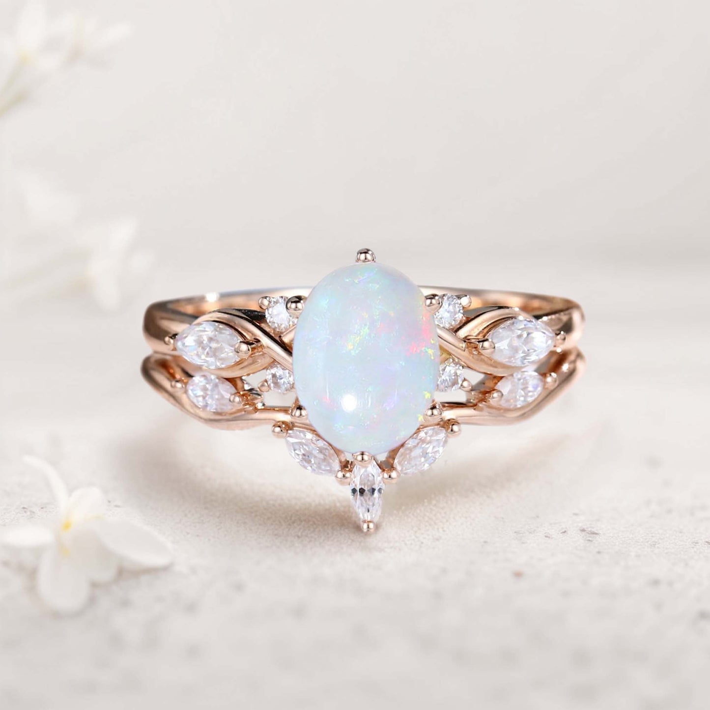 Vintage Oval Lab Opal and Moissanite Curved Wedding Ring Set Bridal Ring Set