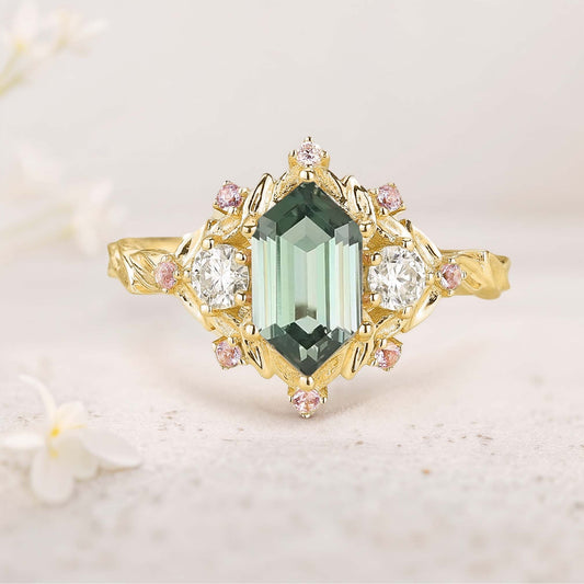 Unique Long Hexagon Green Lab Sapphire Cluster Wedding Ring Promise Ring For Women