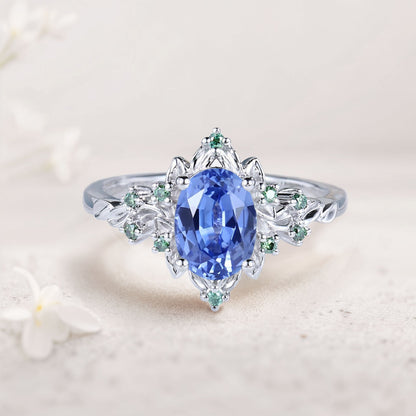 Vintage Briar Rose Oval Lab Sapphire Engagement Ring Olive Leaves Ring