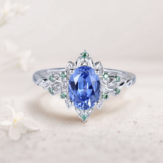 Vintage Briar Rose Oval Lab Sapphire Engagement Ring Olive Leaves Ring