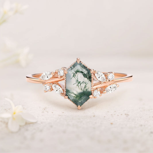 Unique floral engagement rings Hexagon Moss Agate Leafy Moissanite Vintage Engagement Ring