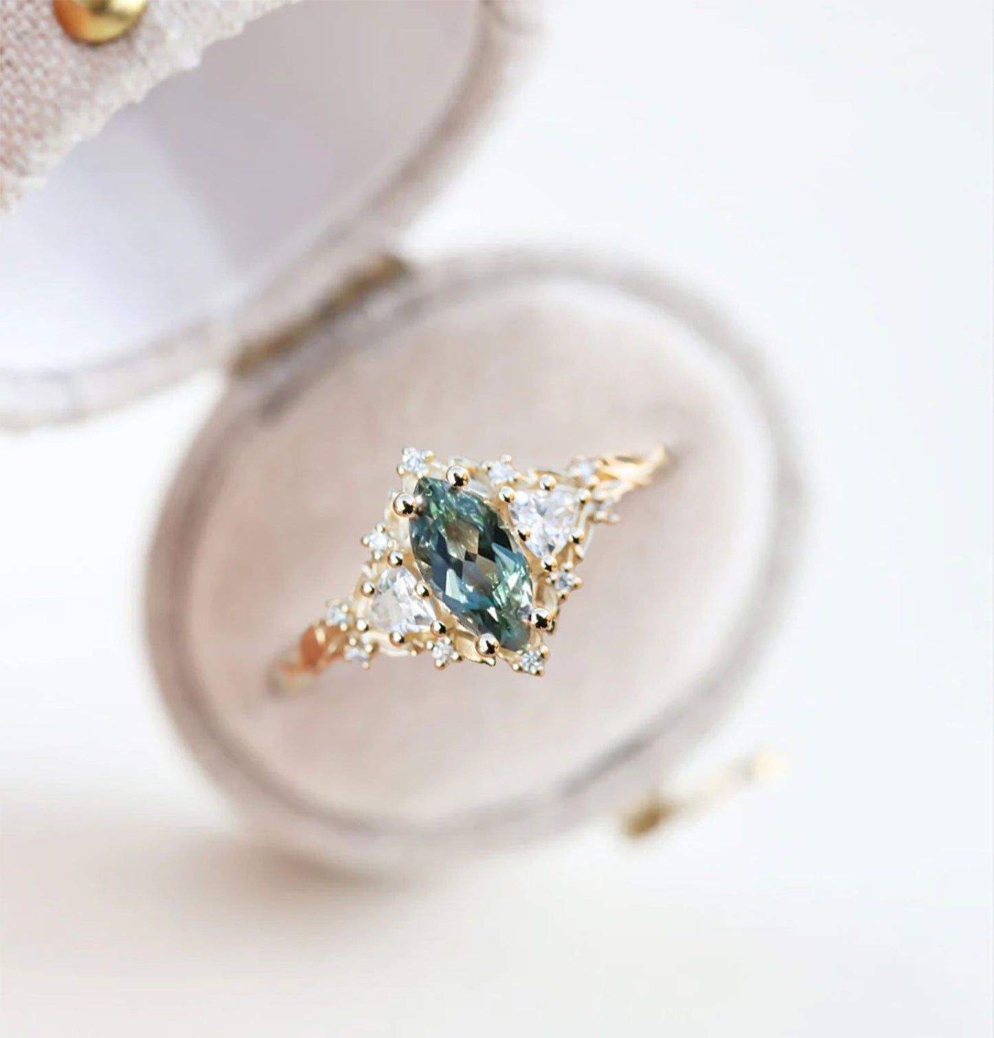Unique Briar Rose Three Stone Marquise Green Lab Sapphire and Moissanite Ring
