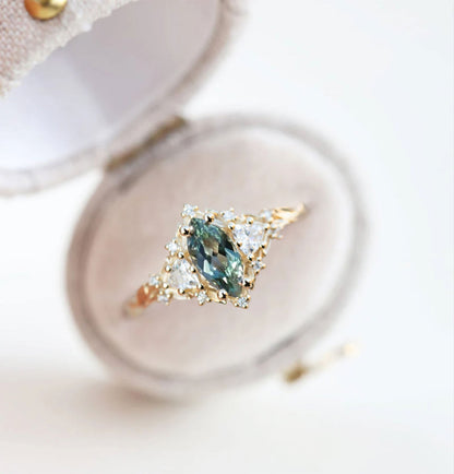 Unique Briar Rose Three Stone Marquise Green Lab Sapphire and Moissanite Ring