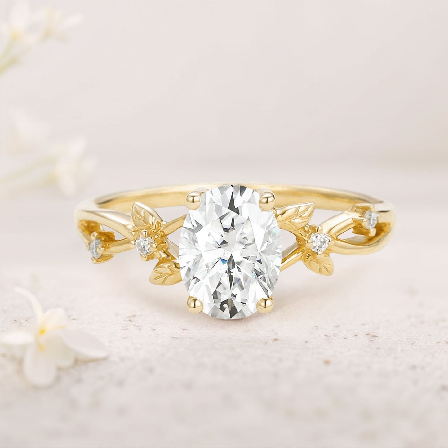 Unique floral engagement rings Oval Moissanite Leafy Engagement Ring