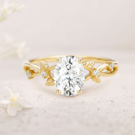 Unique floral engagement rings Oval Moissanite Leafy Engagement Ring