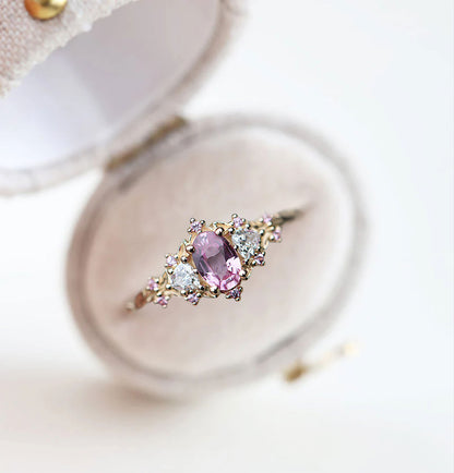 Unique Floral Rose Oval Lab Pink Padparadscha Ring