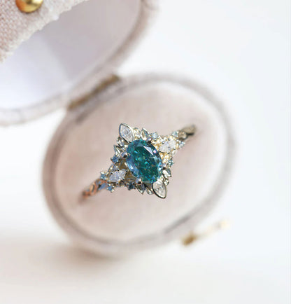 Unique Galadriel Oval Teal Moissanite Ring