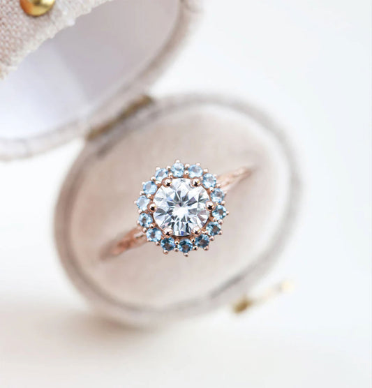 Unique Halo Midsummer Round Shaped Moissanite Ring