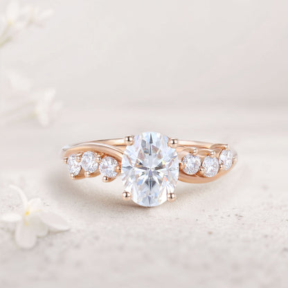 Unique Oval Moissanite Engagement Ring Swirling Romance Bridal Ring