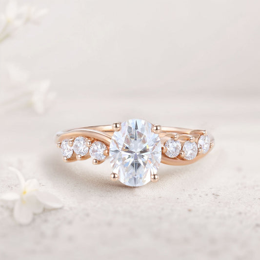 Unique Oval Moissanite Engagement Ring Swirling Romance Bridal Ring